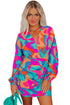 Multi-Color Abstract Print Wrap V Neck Puff Sleeve Dress